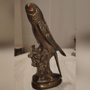 Bronze Parrot Sculpture Ruby Red Eyes
